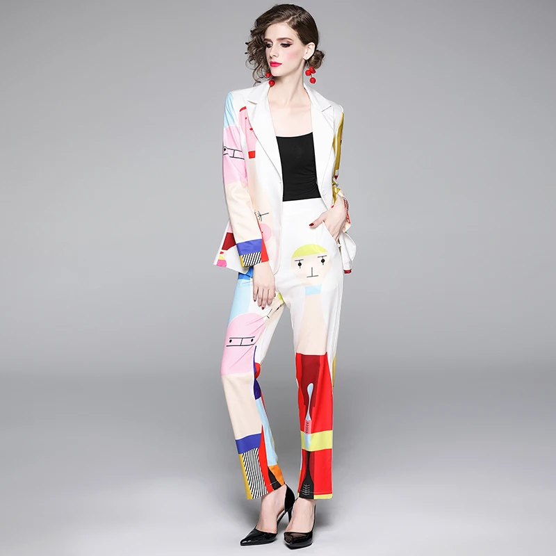 Autumn Ladies Portrait  Print Suit Set Women\'s Fashion 2021 New Notched Blazer Jacket+ Pocket Elastic Waist Pant 2 Piece Suit