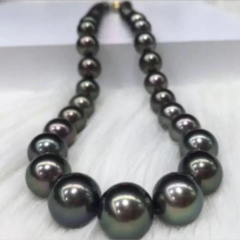 stunning 11-12mm freshwater round black green pearl necklace 18inch 925s