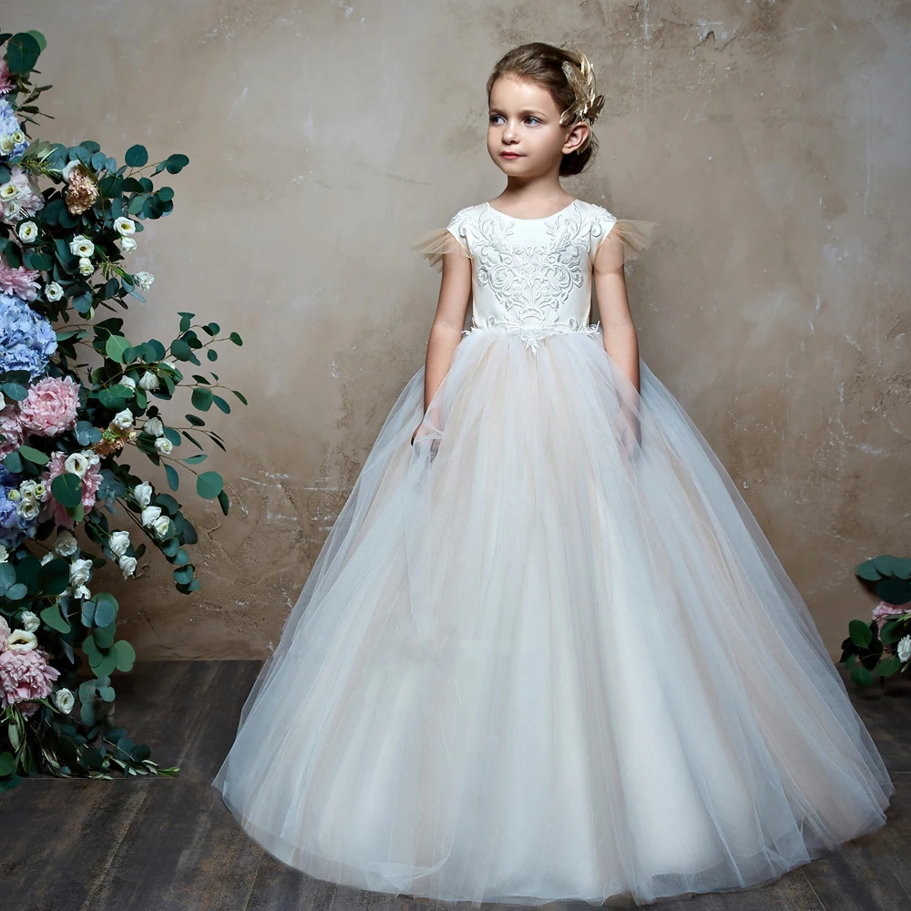 Vestidos de flores para niña, Apliques de encaje champán elegantes sin mangas, vestidos de desfile para niños en cascada para bodas, vestidos de primera comunión