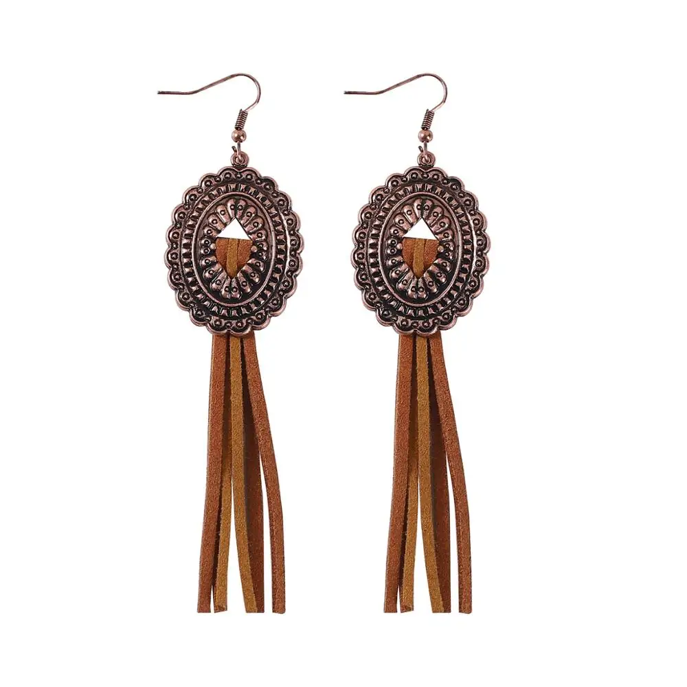 Banny Pink Tibetan Carved Geometric Pendant Dangle Earrings For Women Handmade Leather Tassel Fringe long Drop Earrings Brincos