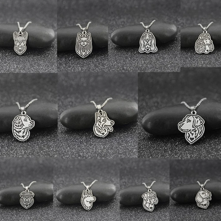 Vintage Silver Color 12 Style Dog Breeds Pet French Bulldog Beagle Husk Pendant Necklace For Women Stainless Steel Long Chain