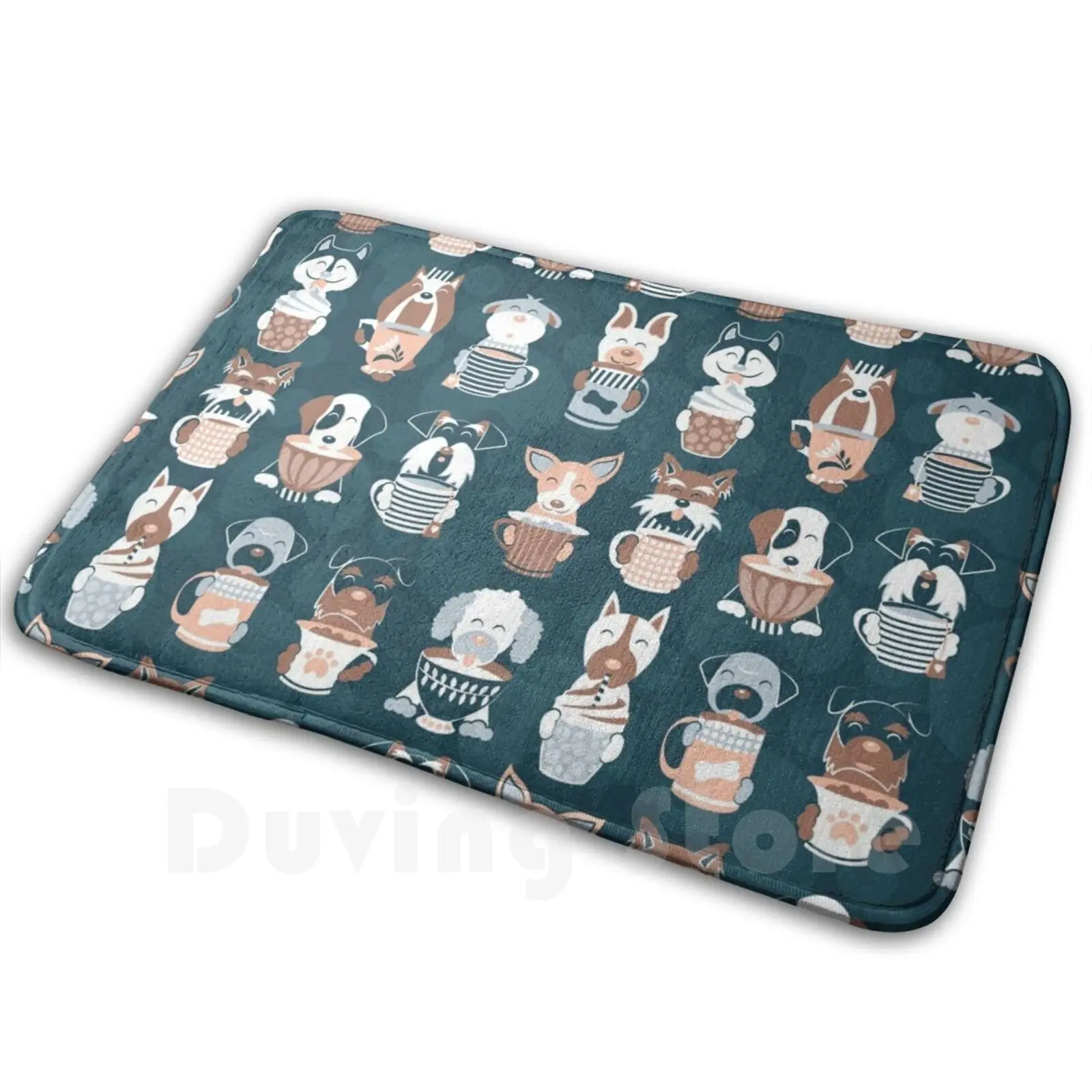 Doggie Coffee And Tea Time 2 / / 2019 Calendar / / Navy Blue Background Mat Rug Carpet Anti-Slip Floor Mats Bedroom Pattern