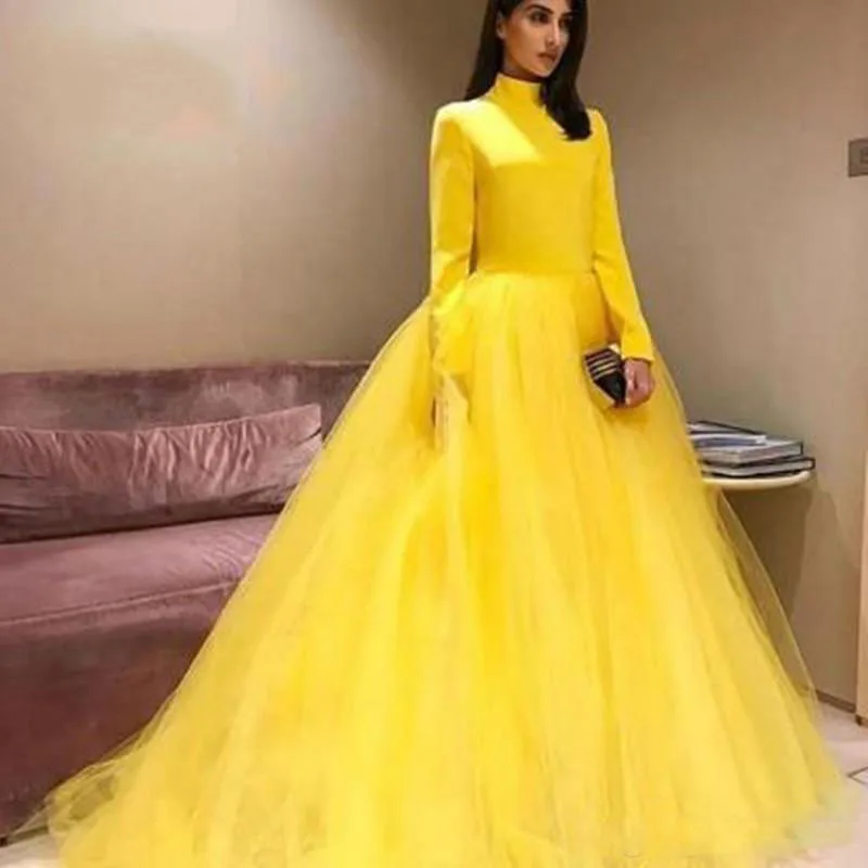 Saudi อาหรับชุดราตรีคอยาวแขนยาวสีเหลือง Prom Party คนดังชุด Robe De Soiree 2021 Vestidos Festa Longo