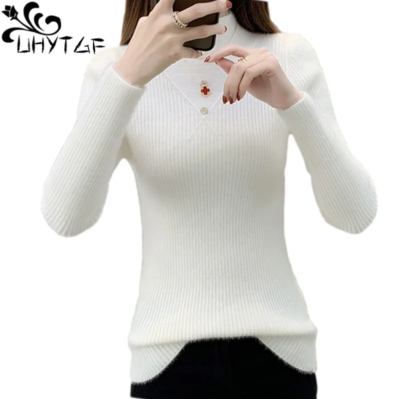 UHYTGF Autumn Winter Thick Knitted Sweater Women High collar Pullover Long sleeve Imitation Mink Wool Sweater Woman Sweaters 920