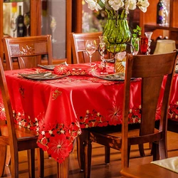 Christmas Polyester Satin Red Tablecloth, Elegant Full Embroidered Tablecloth, Overlay Party, Wedding, Round Table Runners