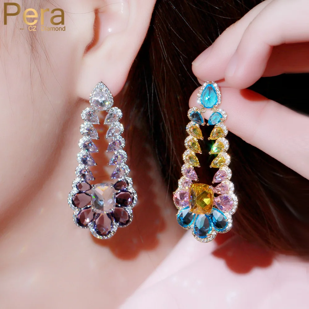 

Pera Designer Rainbow CZ Crystal Long Silver Color Purple Amethyst Flower Drop Earrings for Women Romantic Wedding Jewelry E687