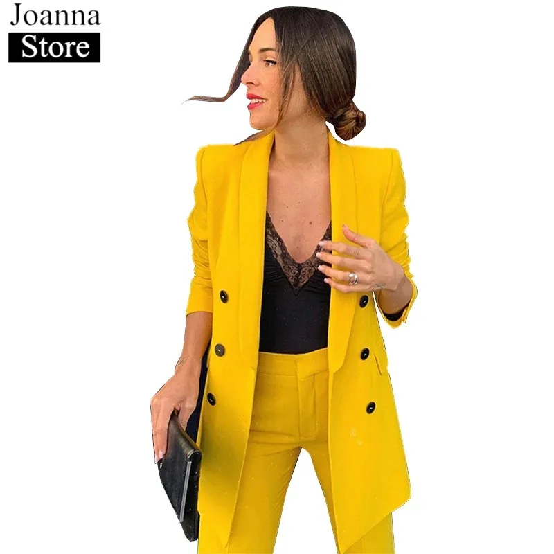 

Autumn Women Blazer Set Double Breasted Long Sleeve Lapel Jackets Office Ladies Slim Long Bell-Bottom Pants Elegant Casual Suit