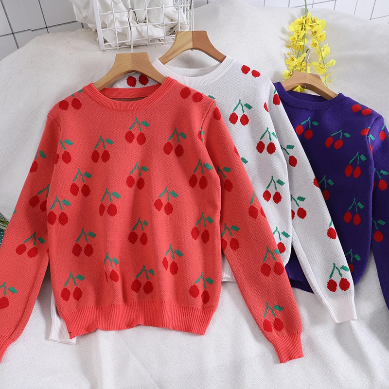 Autumn Winter Women Sweet Cute Preppy Style Cherry Print Loose Knitted Sweater Female Fashion Chic O-neck Pullover Knitwear Tops