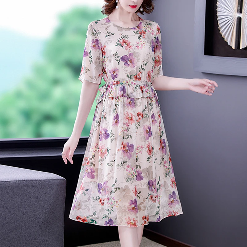 

Summer Floral Chiffon Vacation Dresses 2024 Vintage Casual Pink Print Beach Boho Midi Dress Women Elegant Bodycon Party Vestidos