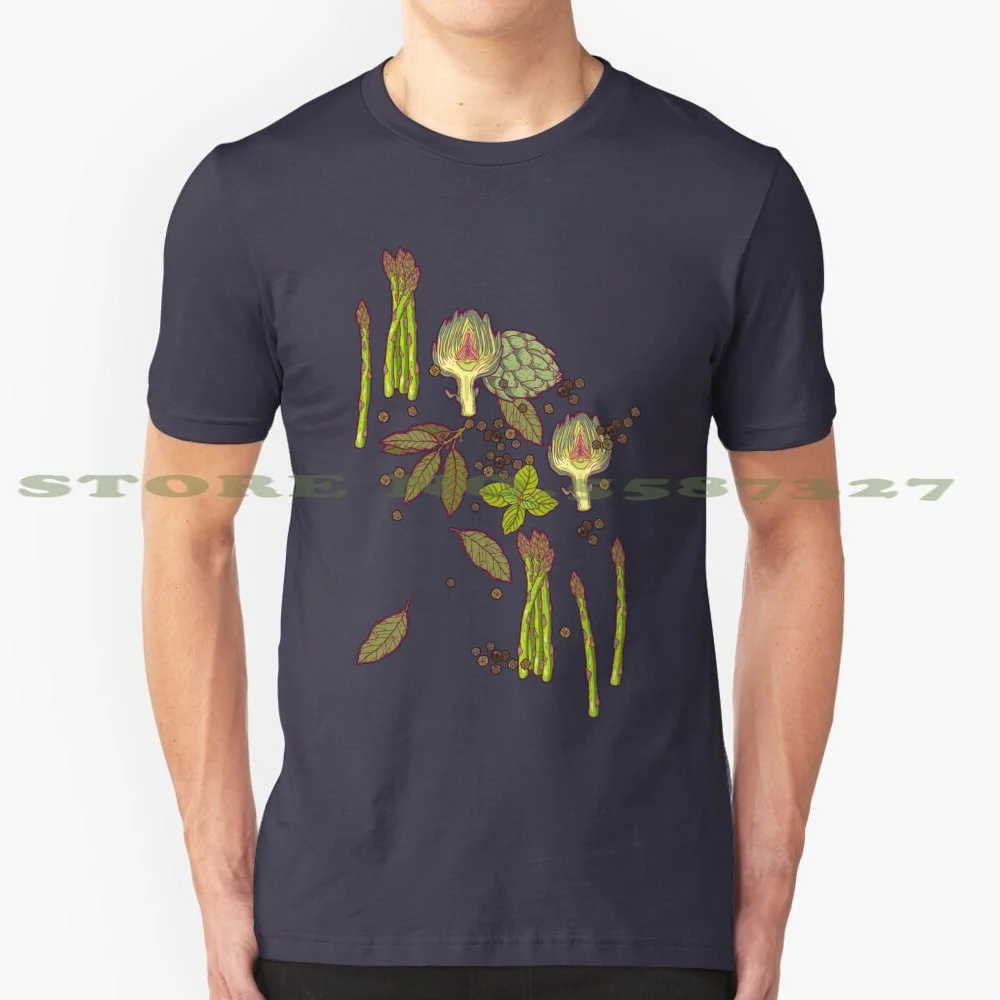 Spring Asparagus 100% Cotton T-Shirt Spring Fresh Green Pink Healthy Love Peace Organic Food Asparagus Bay Leaf Pepper Spice