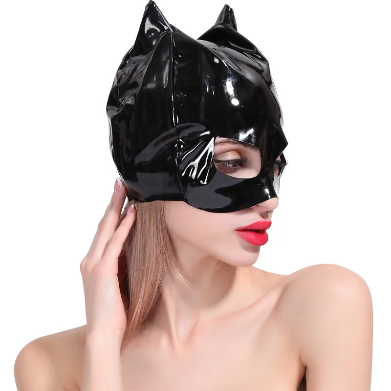 Sexy Catwomen PVC Leather Half Face Hood Adult Cosplay Games Head Bondage Fetish Slave Mask with Ear BDSM Sex Toys for Women