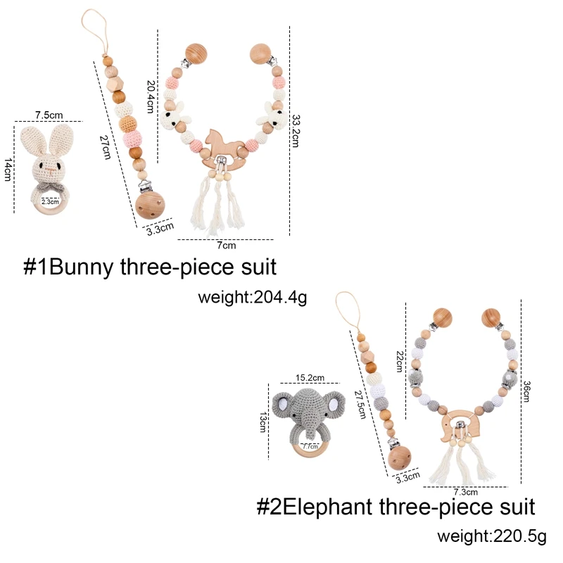 1set Baby Toys Wood Pram Clip Crochet Elephant Dummy Soother Chain Clip Animal Teething Bracelet Crib Mobile Stroller Toys Gifts