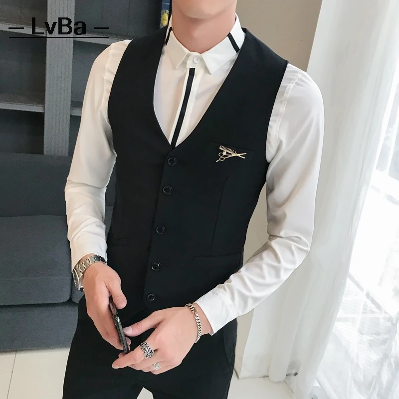 

Vest man business fashion men's waistcoat black slim fit classic formal suit vest men koream style solid sleevess vests dress