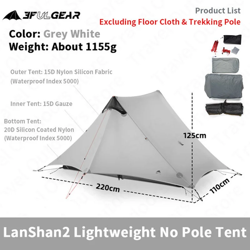 

3F UL GEAR LanShan1 2 Ultralight Camping Tent Outdoor 15D Nylon Silicone 1-2 Person 3/4 Season Camping Professional Pyramid Tent