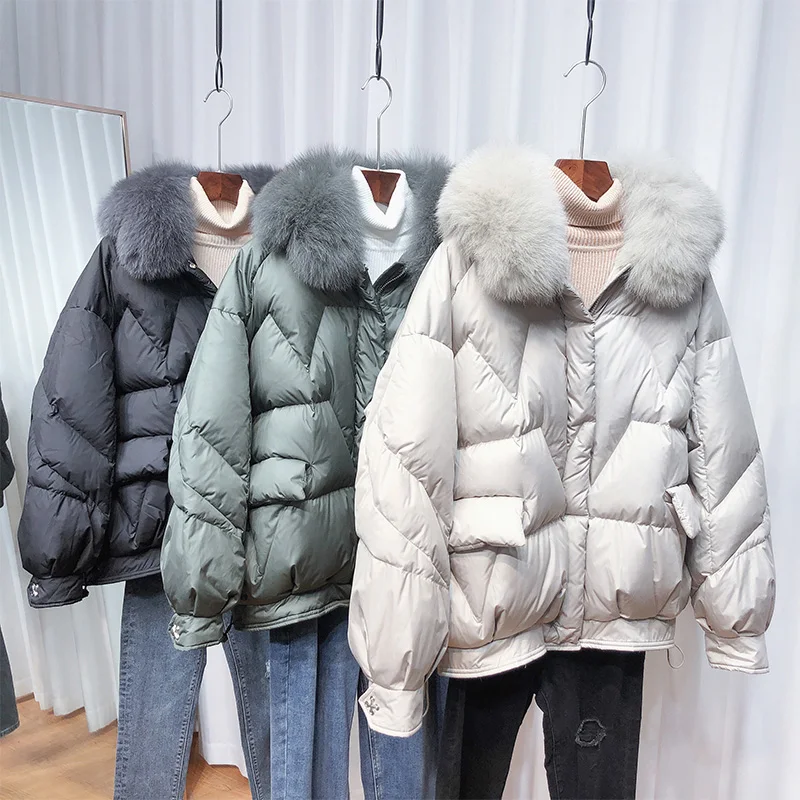 Real Fox Fur Collar 2024 New Winter Women\'s 90% White Duck Down Jacket Female Short Puffer Coat Warm Down Parka Loose Outwear