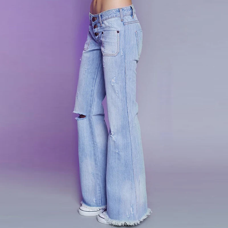 Ripped Denim Jeans Women Boot Cut Flared Pants Wide Leg Trousers Bell Bottom Distressed Teenage Girl Chic Streetwear Clothing