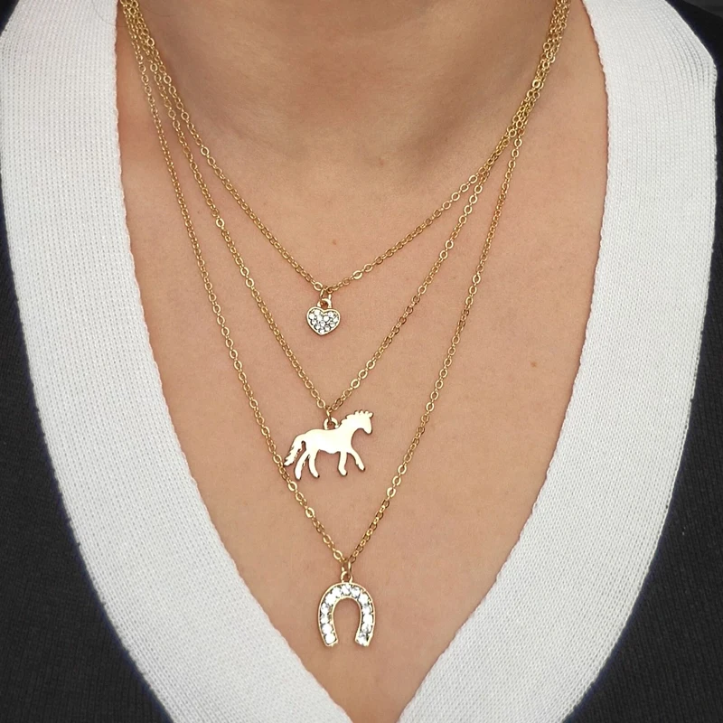 hzew 3 Layers horse necklace heart  horse  Horseshoe pendant necklaces