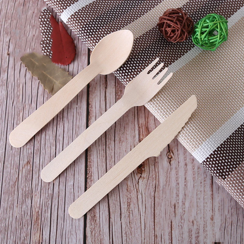 100Pcs Disposable Prong Spoon Knife Straw with Brush Wooden Fork Compostable Forks Bamboo Plates Party Picnic Kitchen Christmas