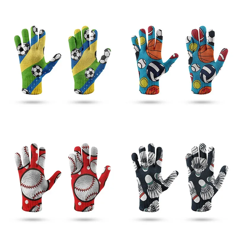 Football Basketball Badminton Baseball Pattern Gloves Knitted Full Finger Gloves Women Men Non-slip Stretch Work Mittens