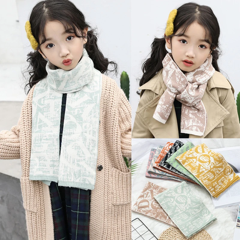 

Autumn and winter children warm scarf thick boys and girls baby scarf fashion cold knitted wool letters graffiti wild scarf kids