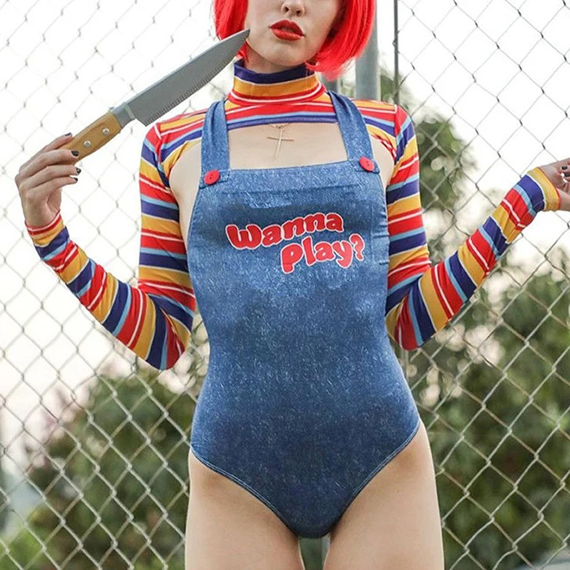 Women Two Piece Set Scary Nightmare Killer Doll Wanna Play Movie Character Bodysuit Chucky Doll Costume Cosplay Jumpsuit