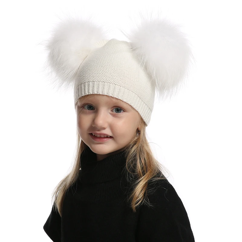 Winter Wool Hat For Kids Baby Double Pompones Skullies Beanies Real Fur Pompom Hat Boy Girls Warm Knitted Beanie Cap