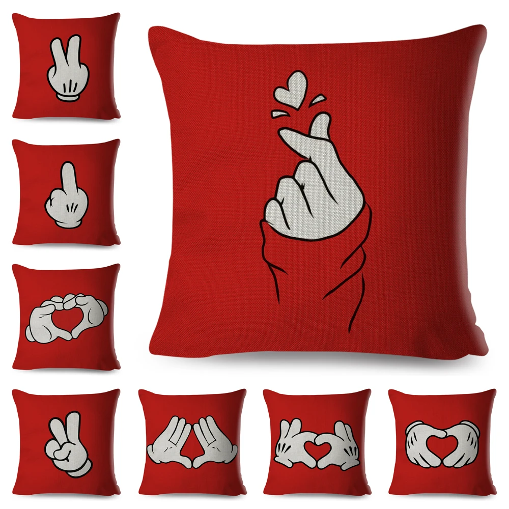 Gesture Cushion Cover Decor Nordic Style Finger Cartoon Red Print Pillow Case Polyester Pillowcase for Sofa Home Children Room