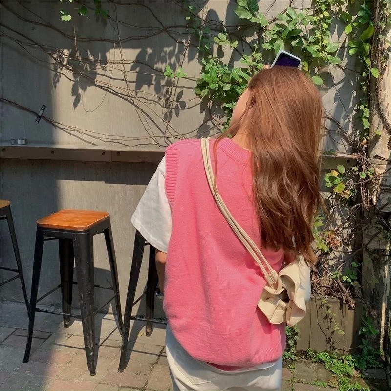 Pink Sweater Vest Women Sweet Girls Cute Tops All-match V-neck Elegant Woman Sweaters Loose Casual Streetwear Harajuku Students