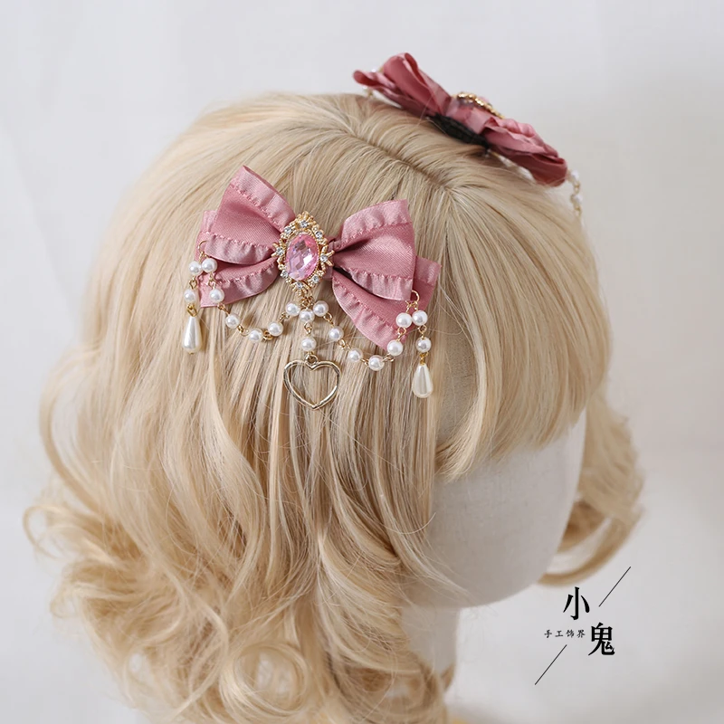 Horquilla Original de Lolita para fiesta de té, lazo dulce, cadena de perlas, tocado de princesa, Cosplay de Lolita, tocado de Halloween