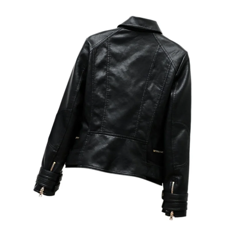 

2022 Womens Autumn New Turn-Down Collar Double Breasted Zippers PU Leather Jackets Office Lady Casual Slim Short Biker Coat