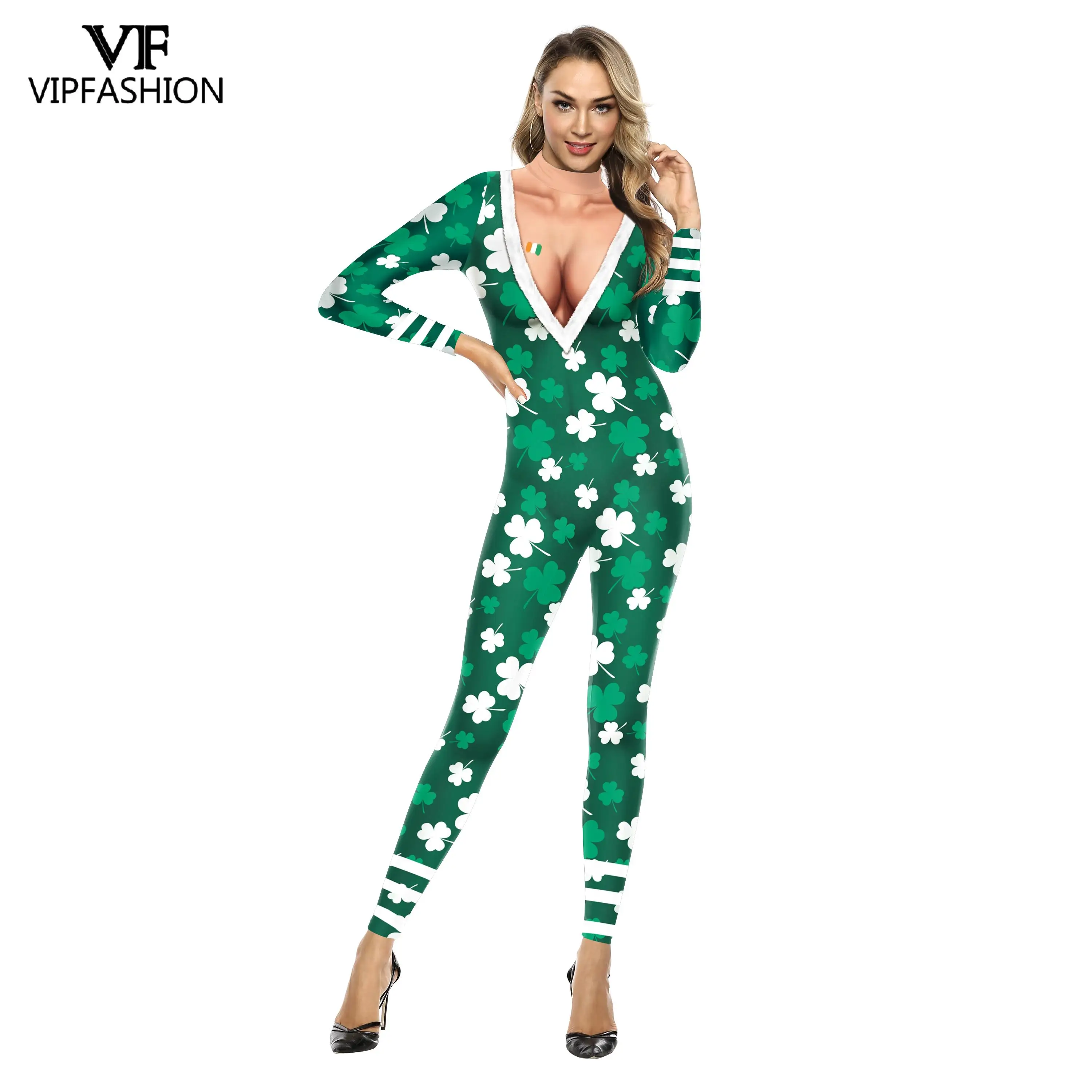 

VIP FASHION St. Patrick's Day Festival Party Cosplay Costumes For Women Suit Four Leaf Clover Print Long Sleeve Jumpsuit