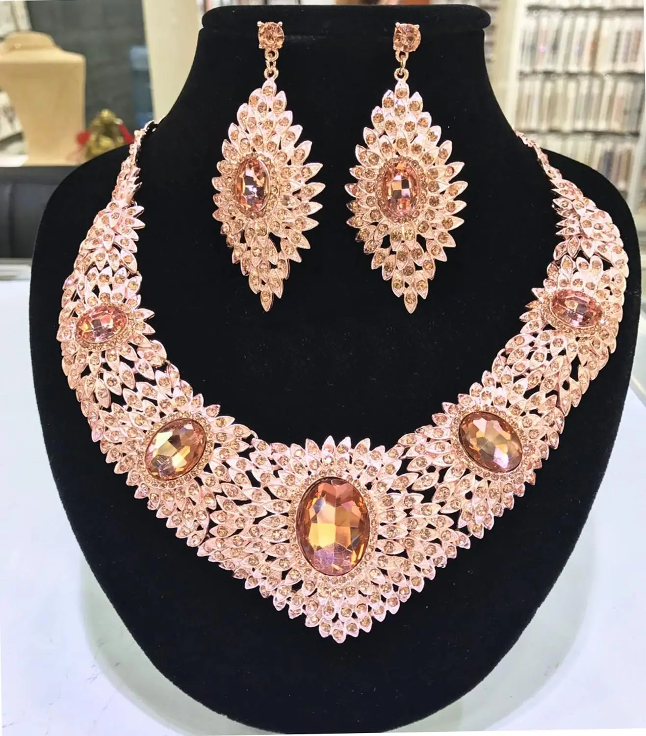 Nigerian Dubai Jewelry sets For Women Wedding Bridal Jewelry Necklace Rhinestone Drop Earrings Crystal Necklace