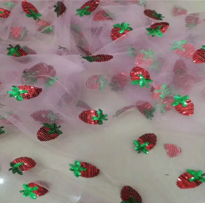 New Strawberry Sequined Embroidered Mesh Dress Children Clothing Chiffon Skirt Fabric Home Decoration