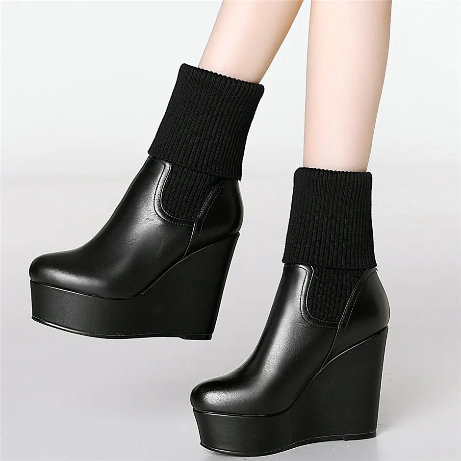 Chunky Platform Pumps Shoes Women Genuine Leather Wedges High Heel Ankle Boots Female High Top Round Toe Oxfords Casual Shoes