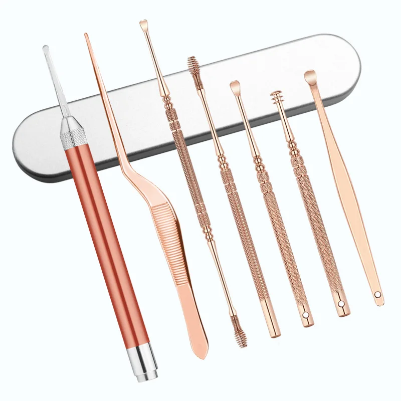 Rose Gold Shiny Earpick with Dengshen Earwax Extractor Earpick Set 7-piece Personal Ear Cleaning Tool