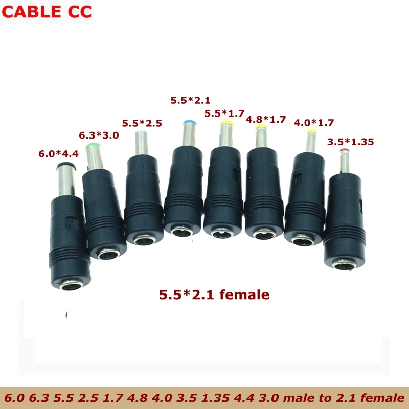 8PCS/ DC 5.5X2.1mm Female Jack Plug Adapter Connectors to 6.3 6.0 5.5 4.8 4.0 3.5mm 2.5 2.1 1.7 1.35mm Male Tips Power Adaptor