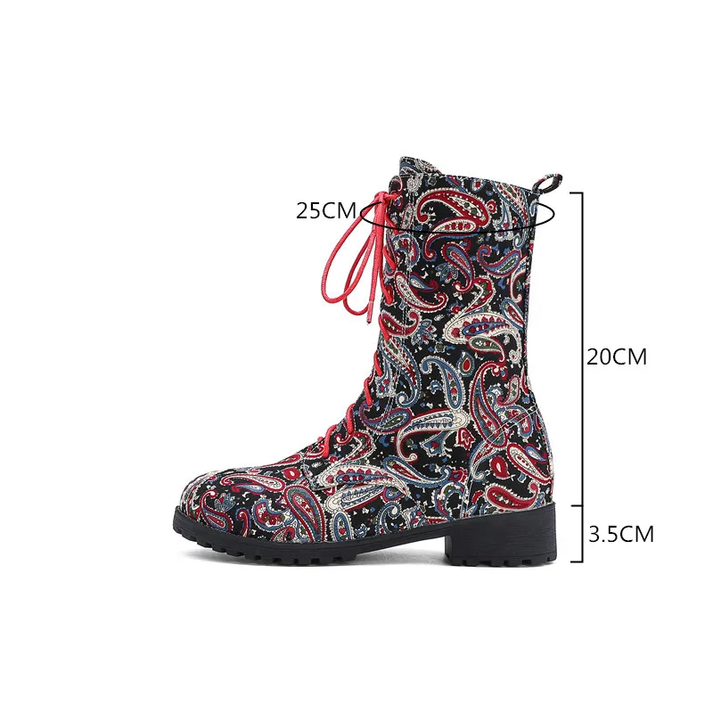 YMECHIC-Botas de motorista con cordones para mujer, botines de media pantorrilla con estampado de tacón medio grueso, otoño e invierno, 2024