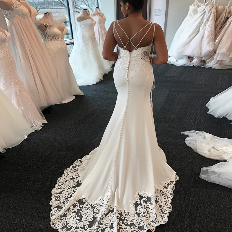 JIERUIZE Sexy White Mermaid Wedding Dresses African Spaghetti Criss Cross Back Lace Appliques Bridal Gowns vestido de noiva