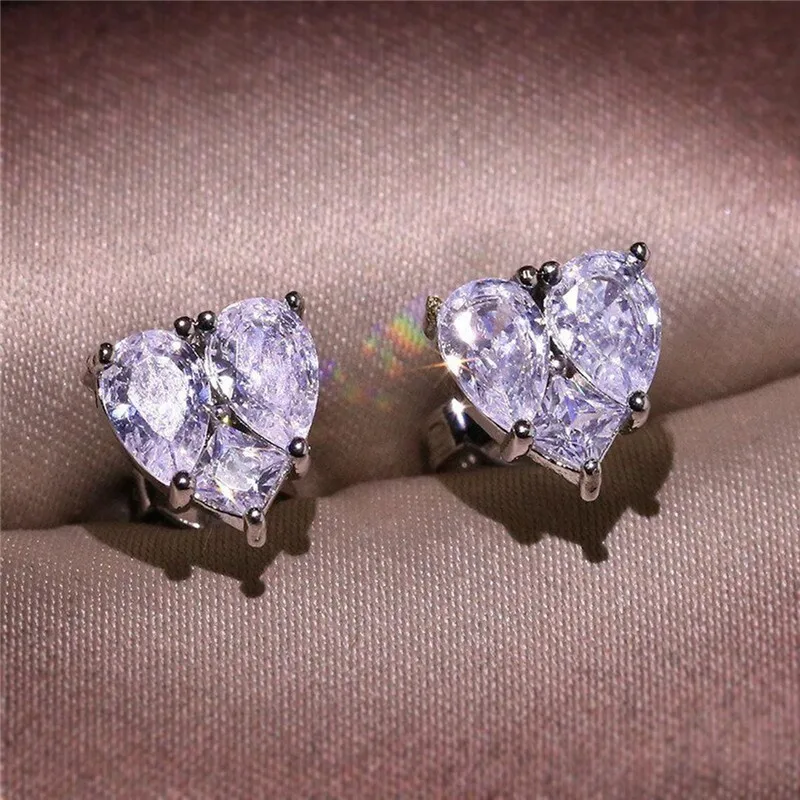 Huitan New Trendy Heart Stud Earrings for Bridal Wedding Engagement Silver Color Aesthetic Earrings High Quality Women's Jewelry
