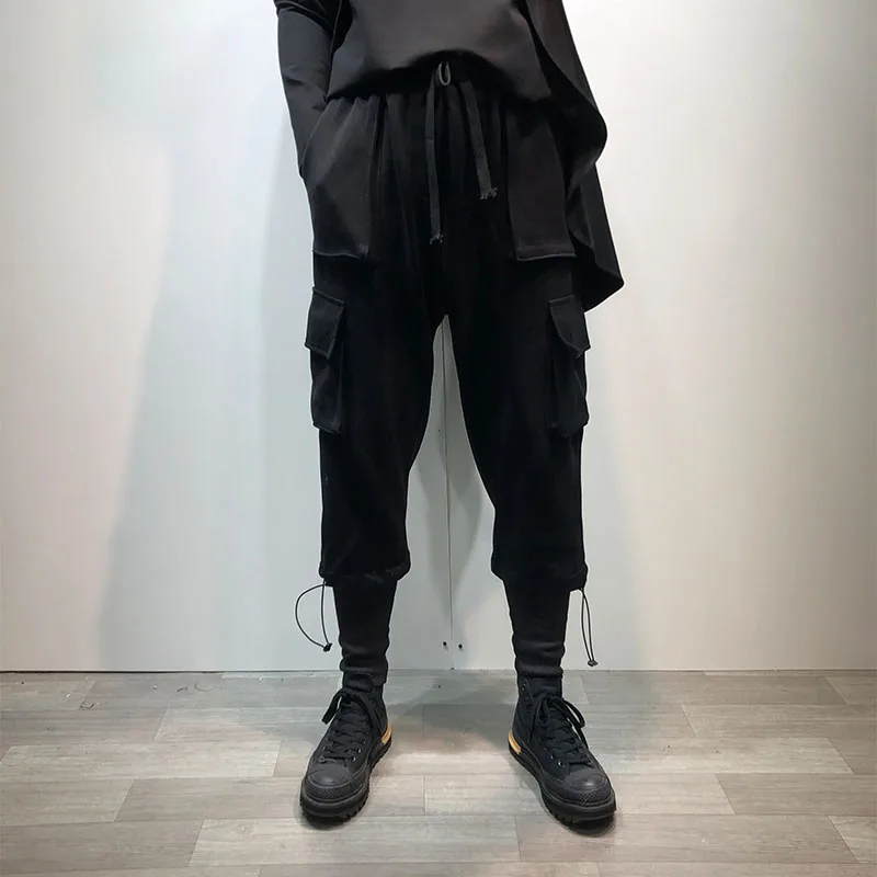 Fall and winter style loose casual pants, leg bunched pants, cargo pants, black elastic waist casual fashion pants
