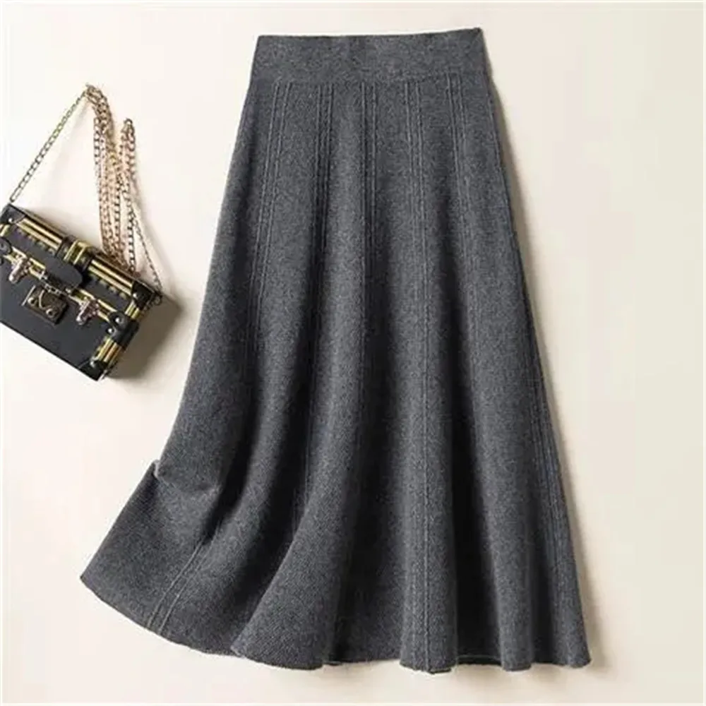 Vintage Brown Knitted Long Skirt 2021 Autumn Winter Women Casual Solid A Line Skirt Korean Female Black High Waist Midi Skirt
