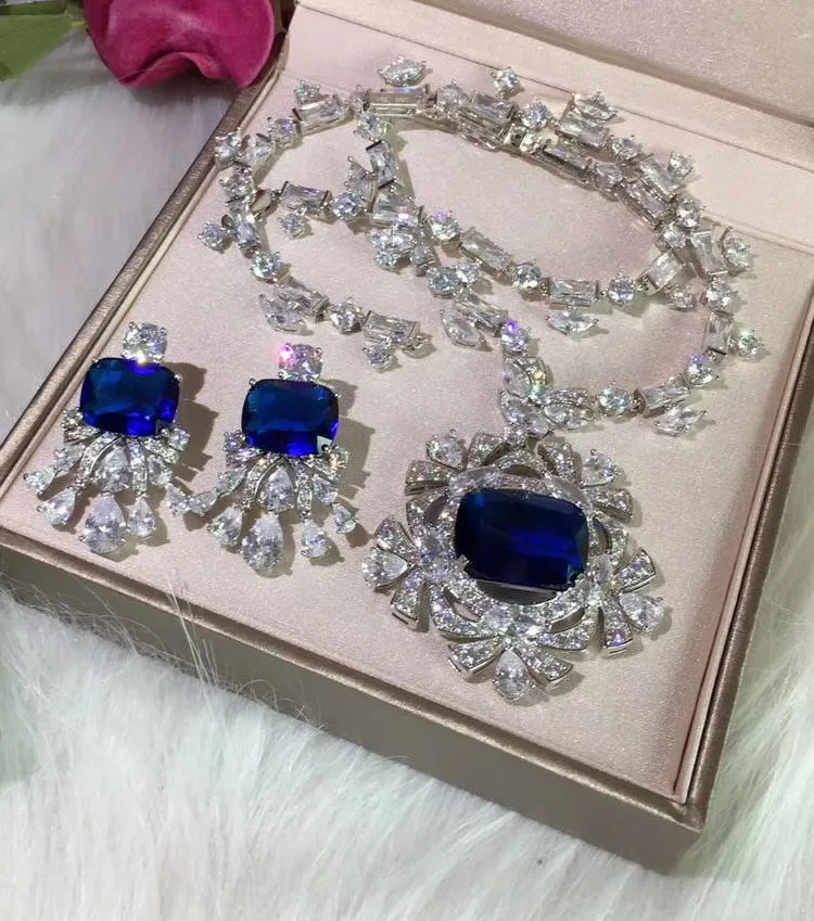 

European fashion design Big blue color square zirconia Flower Earrings and Stone necklace Jewelry Sets for wedding party