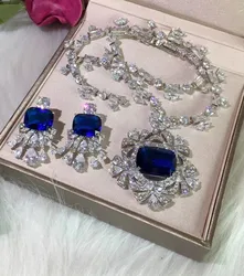 European fashion design Big blue color square zirconia Flower Earrings and Stone necklace Jewelry Sets for wedding party