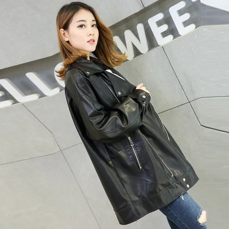 Women European Oversize PU Leather Jackets Boyfriend Retro Motor Rock Coat Female Loose Black Jacket Coats Large Size XS-4XL