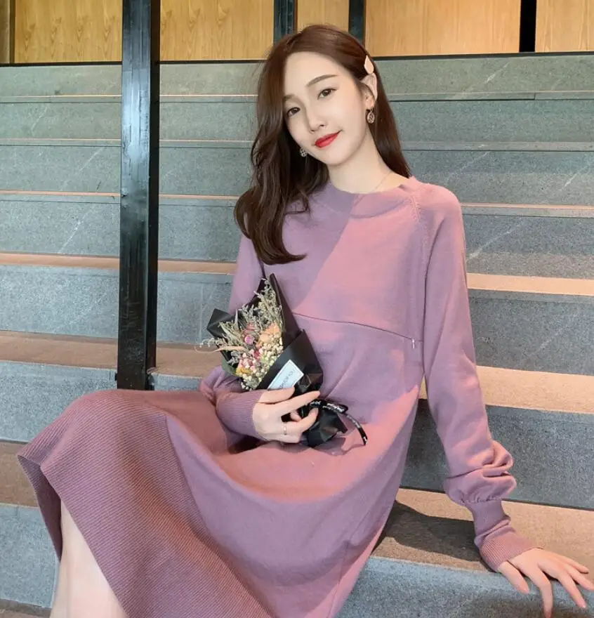 Long Lantern Sleeve Maternity Lactation Dress Loose Knitting Nursing Dress Postpartum Women Zipper Fly Breastfeeding Dress Cute