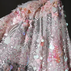 Pink crystal sequins mesh gauze beautiful fairy style creative embroidery dress wedding dress background designer fabric