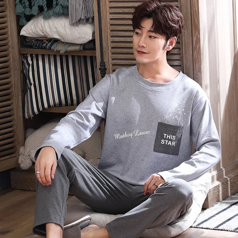 High Quality 2024 Spring Men Pajamas Sets 100% Cotton Long Sleeve Male Sleep Wear Set Nightwear For Man Sleepwear Suit Homewear