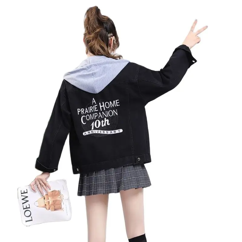 

Women's Denim Jacket 2021 Spring Autumn New Single-Breasted Female Blouse Loose Student Hooded Embroidered Short Ladies Jacket