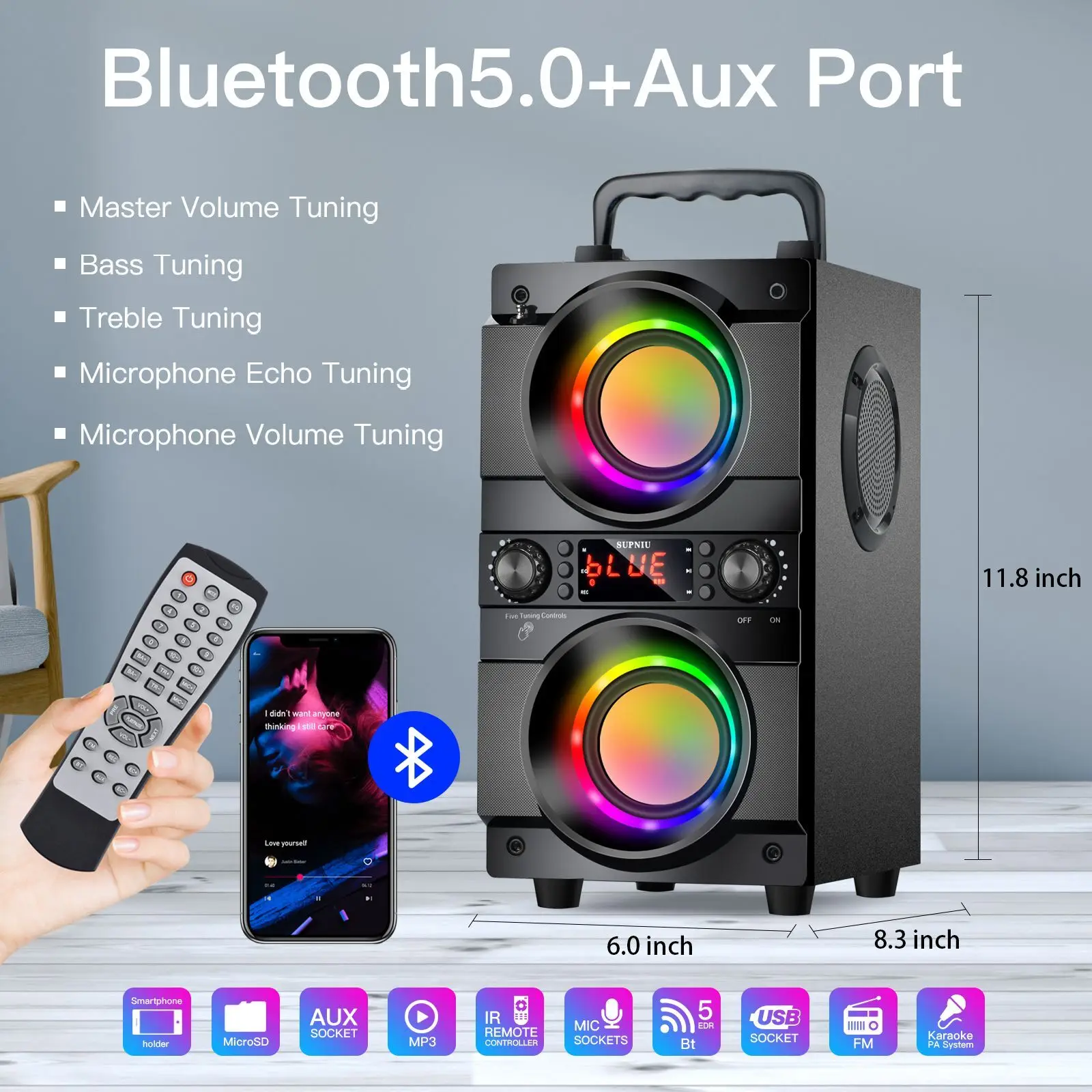 TOPROAD Bluetooth Speaker 60W Portable Wireless Stereo Bass Subwoofer Karaoke Party Speakers with RGB LED Light Support FM Radio