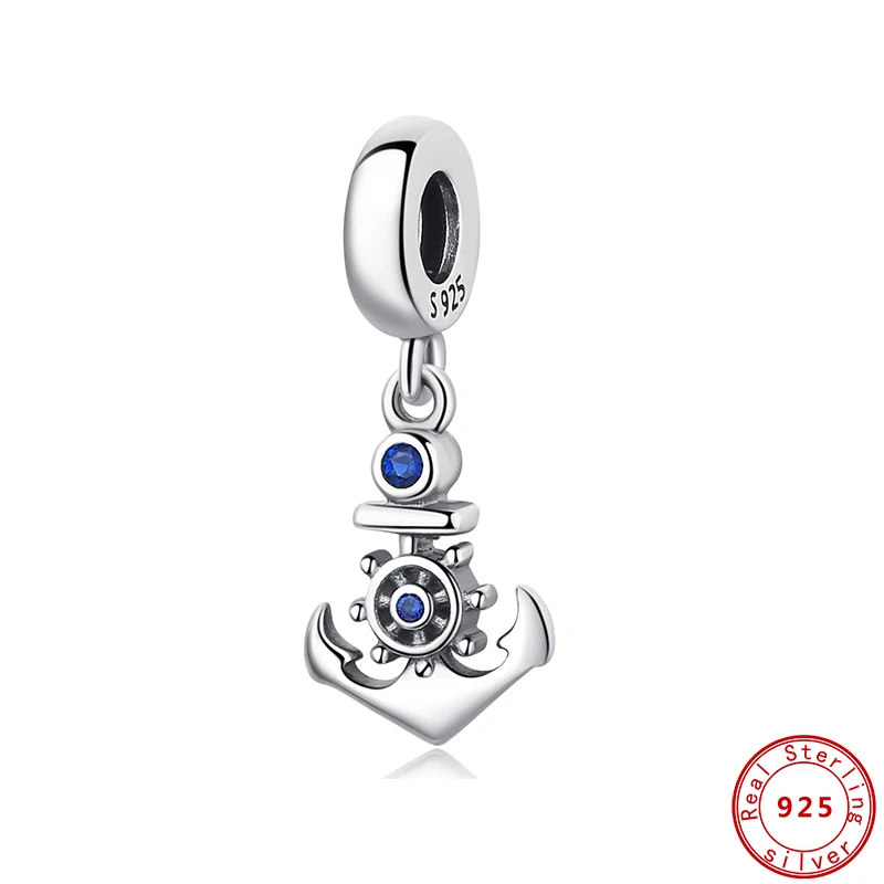 

New Original 925 Sterling Silver Beads Anchor Rudder Dangle Charm Blue CZ Fit Pandora Bracelets Women DIY Jewelry Dropship